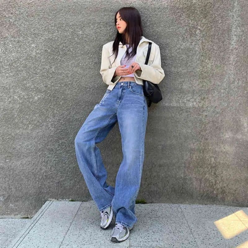 Bleu Nombre Imprimer Droite Y2K Jeans Pour Filles Femmes Mode Denim Pantalon Vintage Taille Haute Pantalon Harajuku Capris 210510
