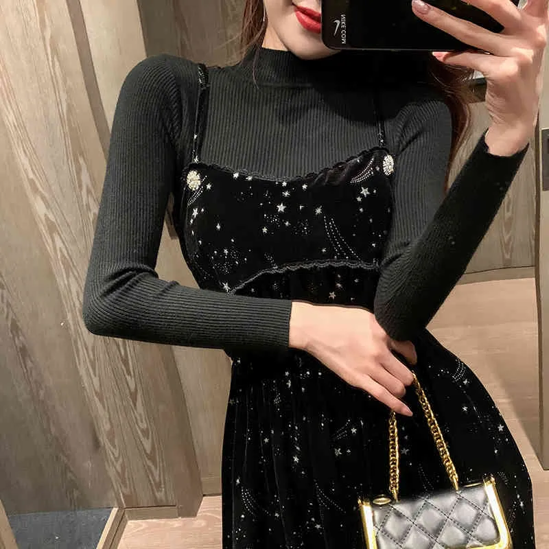 Spring Autumn Women Two Piece Set Casual O Neck Solid Black Bottom Knitting Tops + Sling Hight Waist Velvet A Line Dress 210514