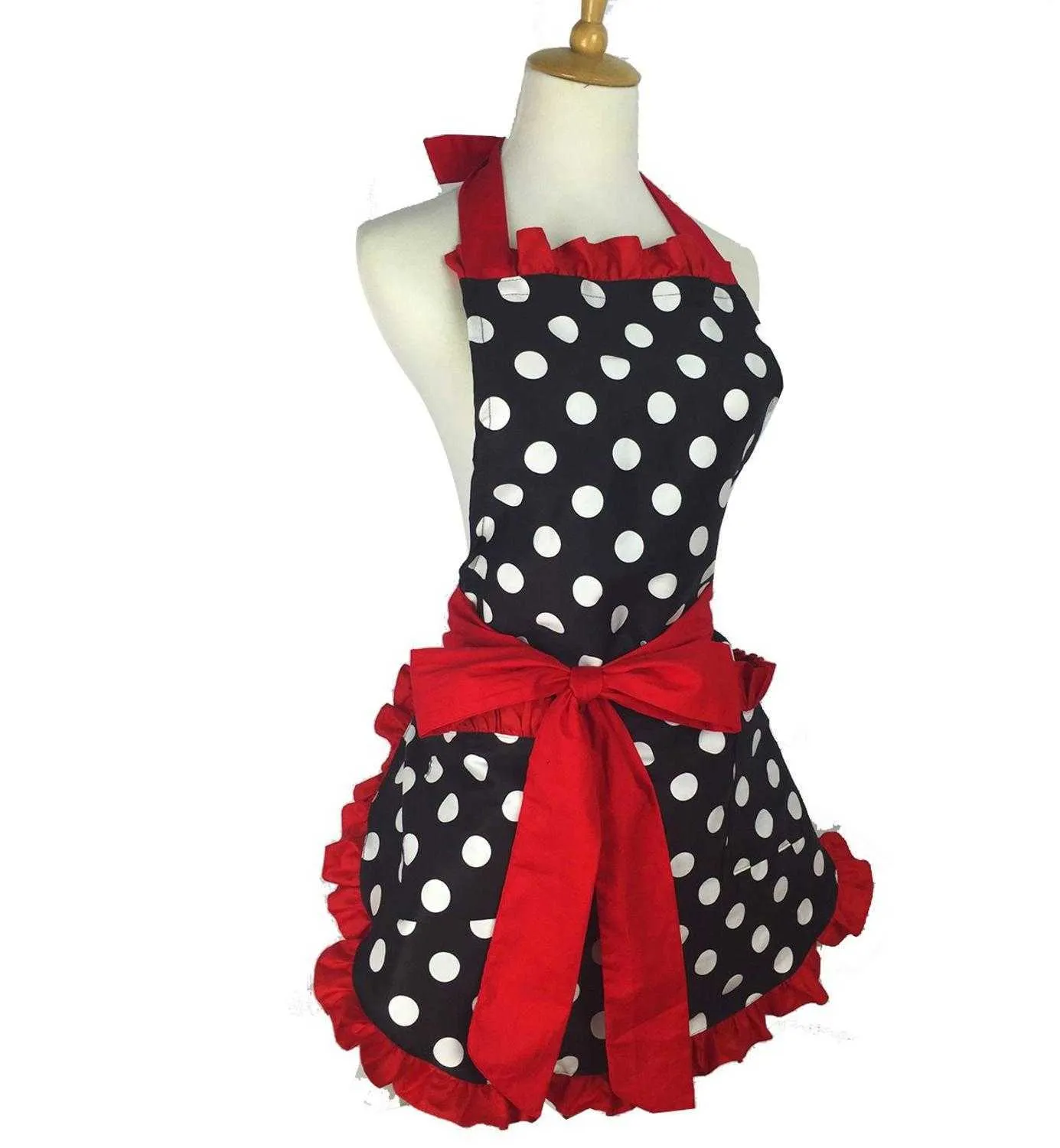 Schöne Retro-Schürzen für Frauen, Schürze für Küche, Barista, niedliche Schleife mit Taschen, verstellbare Baumwolle, sexy Polka Dot, zarter Saum 210629