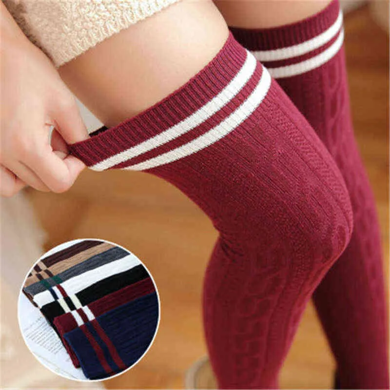 Women Stocking Knit Cotton Over The Knee Stocking Striped Thigh High Stocking Autumn Wear Y1119