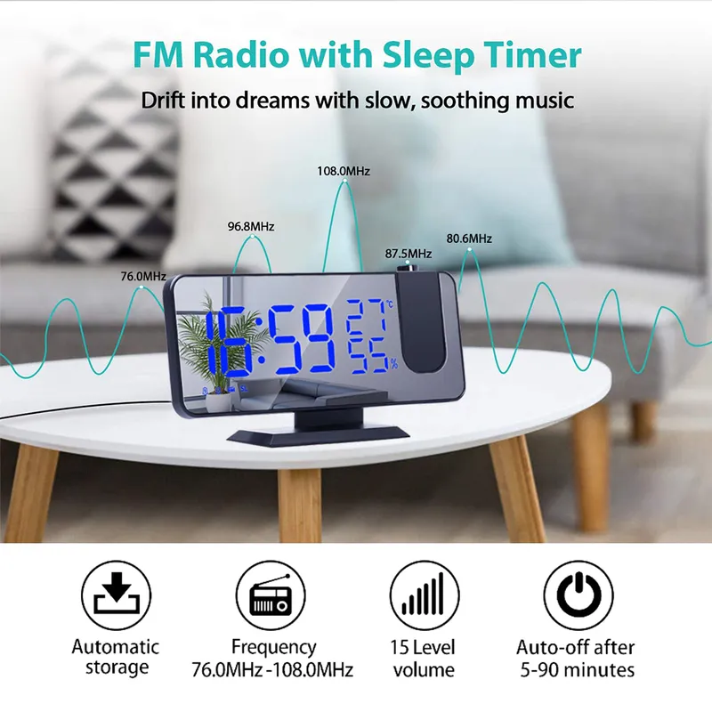 LED Digital Projection Alarm Clock Electronic with FM R Time Projector Bedroom Bedside Mute 220311
