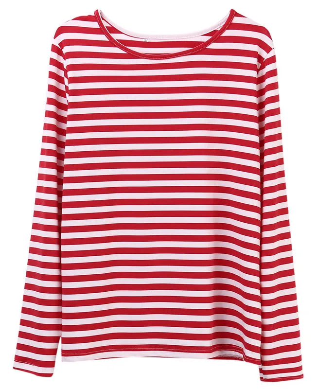 女性 Tシャツカジュアル赤白ストライププリント長袖ルーズ女性のベーシック O ネックトップスファッションレディースストリート 210522