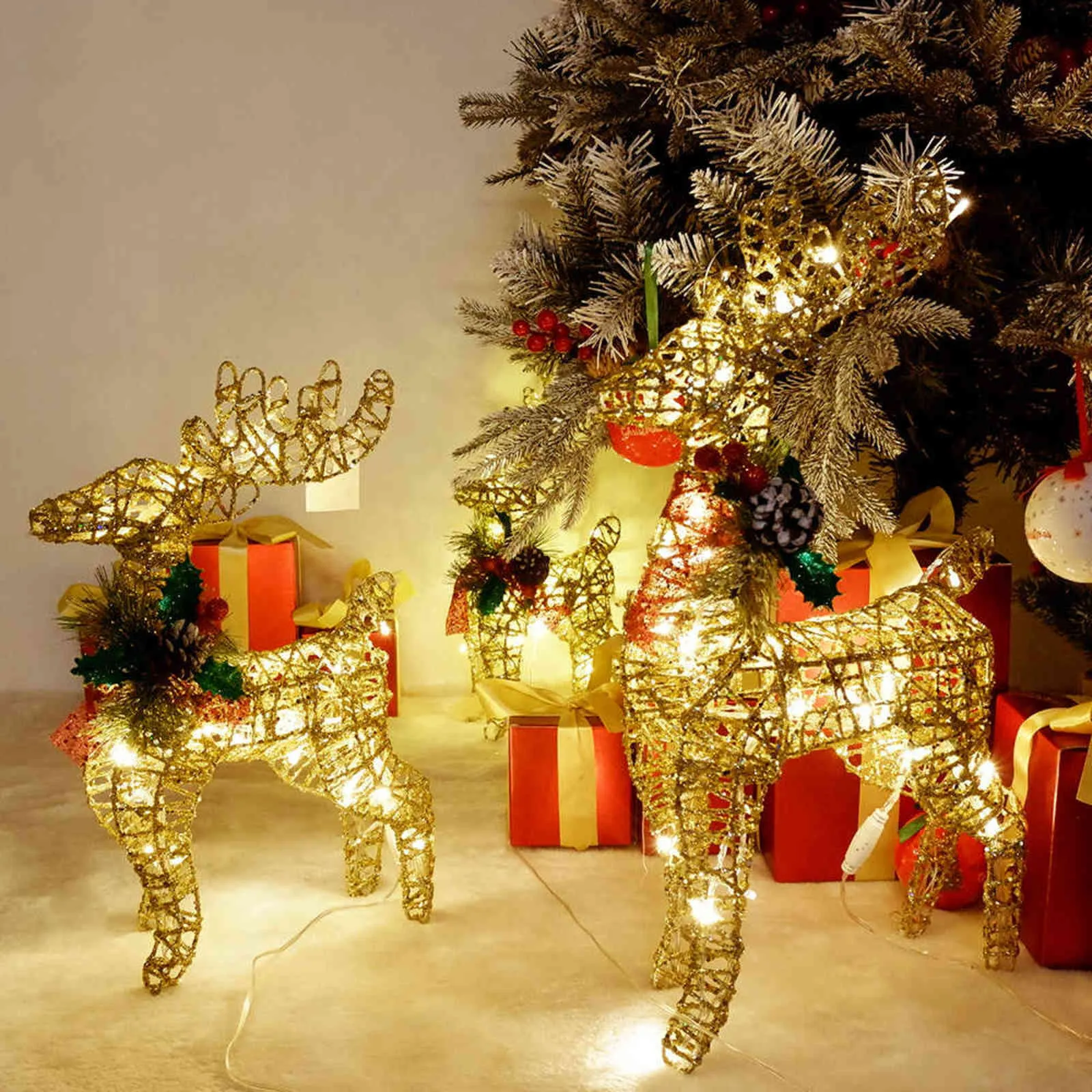 Noël fer renne wapiti lumière LED avec cônes de pin décoration doré argent cerf lampe centre commercial ornements décor à la maison 211122