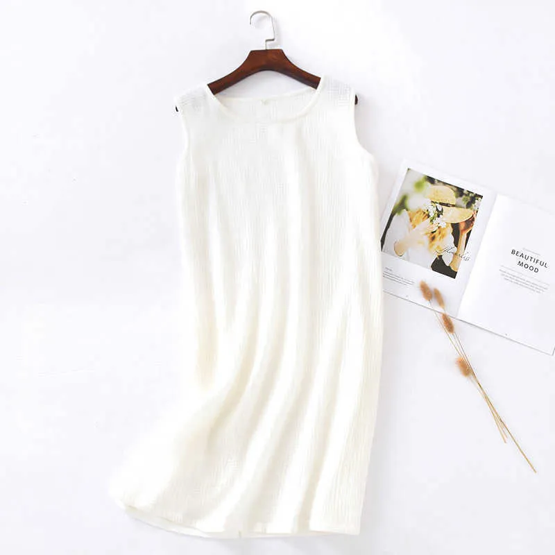 Summer 100% Cotton Gauze Sleepwear Dress Women Solid Sexy Nightgowns Sleeveless Sleep Tops Female Nightie Plus Size Homewear 210924