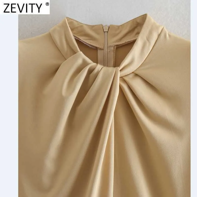 Zevity Women Fashion O Neck Knotted Decoration Bodysuits Ladies Shoulder Padded Back Zipper Slim Siamese Chic Rompers LS7321 210603