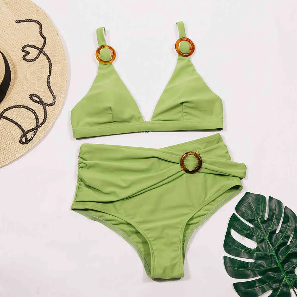 Groene Zomer Sexy 2 Stuks Bikini Set Vintage Gedrukt Push Up High Cut Swim Wear Badpak Dames Badpak Bikinis B415 210420