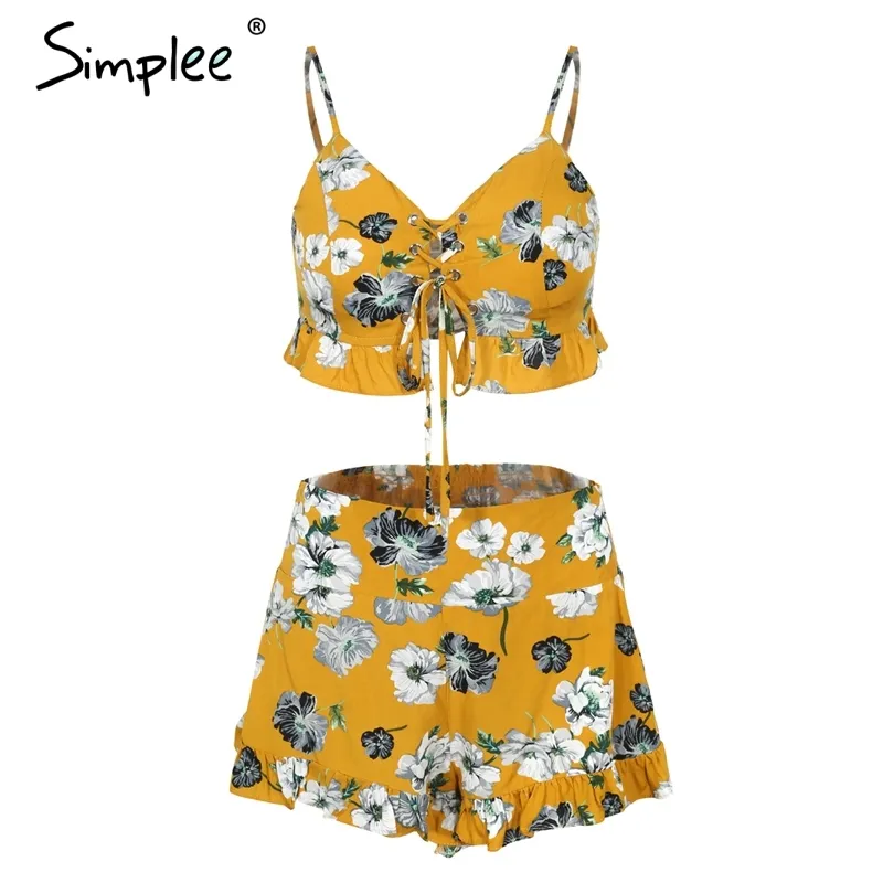 Correa de estampado floral sexy de dos piezas mameluco mujer volante encaje hasta smocking short playsuit verano casual boho mono 210414