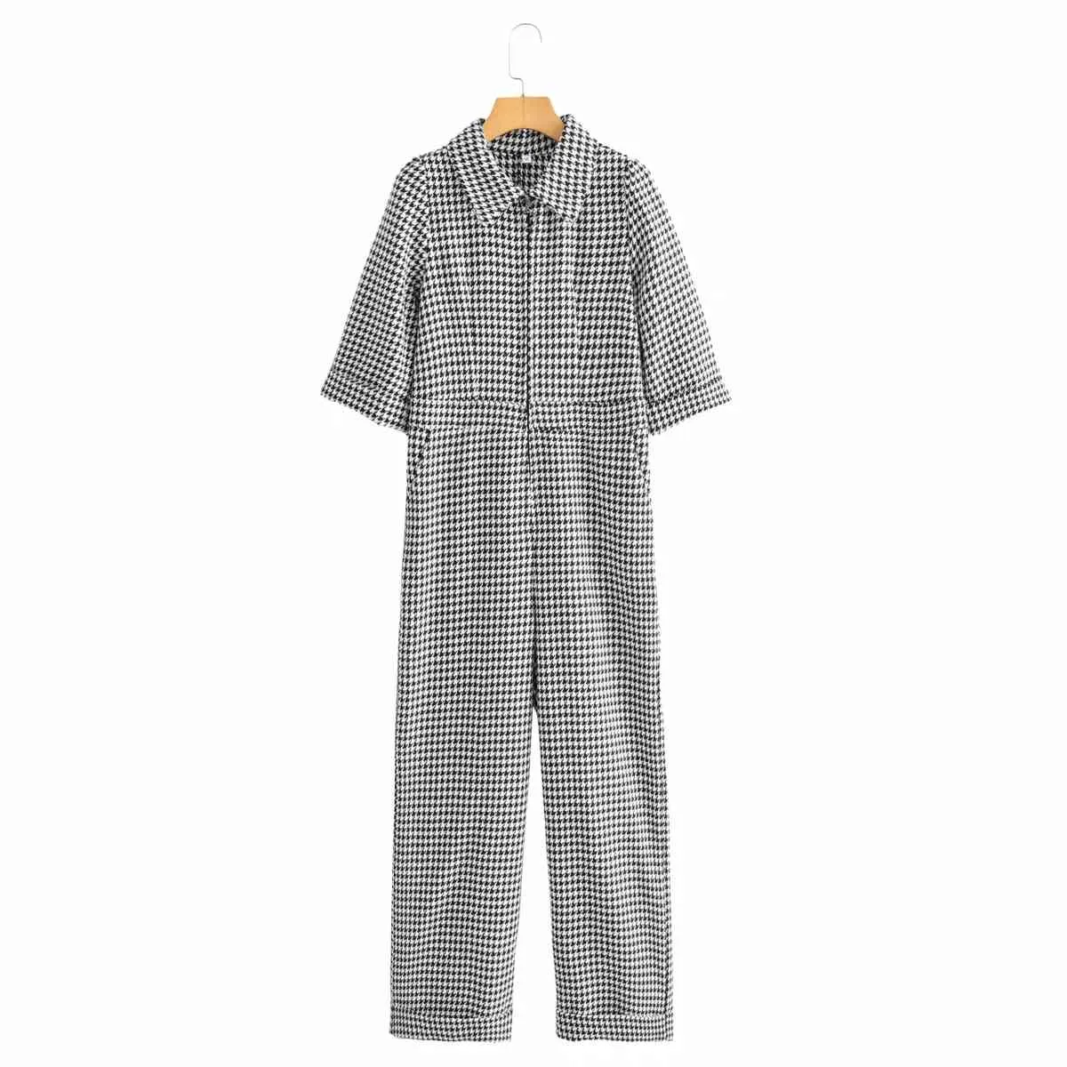 Houndstooth Wide Leg Kintted Jumpsuits Romper Kvinnor Vinter Kläder Chic Zipper 3/4 Ärmfickor Jumpsuits Overaller Plaid 210415