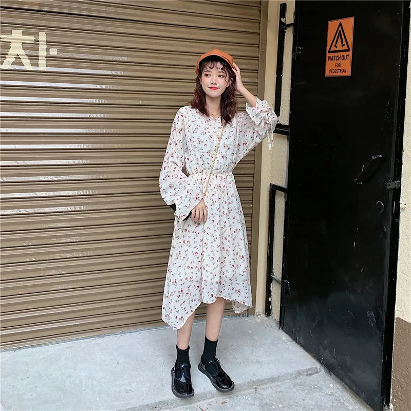 Women Chiffon Dress Spring Summer Fashion Female Long Sleeve Vintage Print Floral Irregular Casual Boho A-line Loose 210423