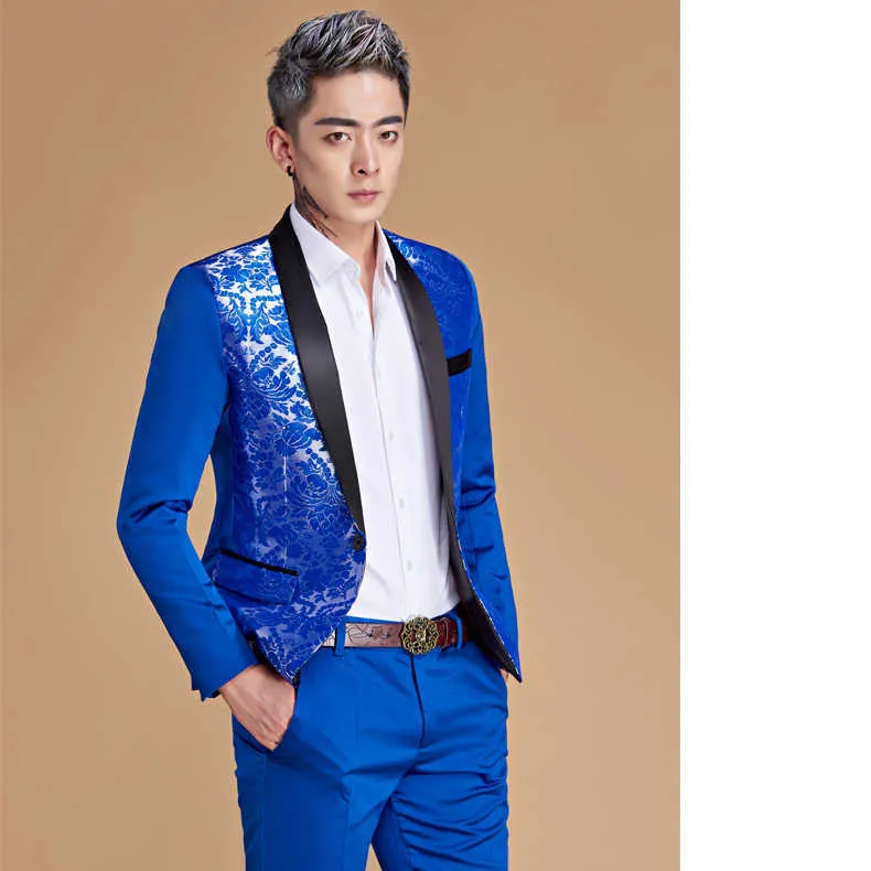 PYJTRL Men Shawl Lapel Chinese Style Royal Blue Gold Red Dragon Print Suits Latest Coat Pant Designs Stage Singer Wear Costume X09260P