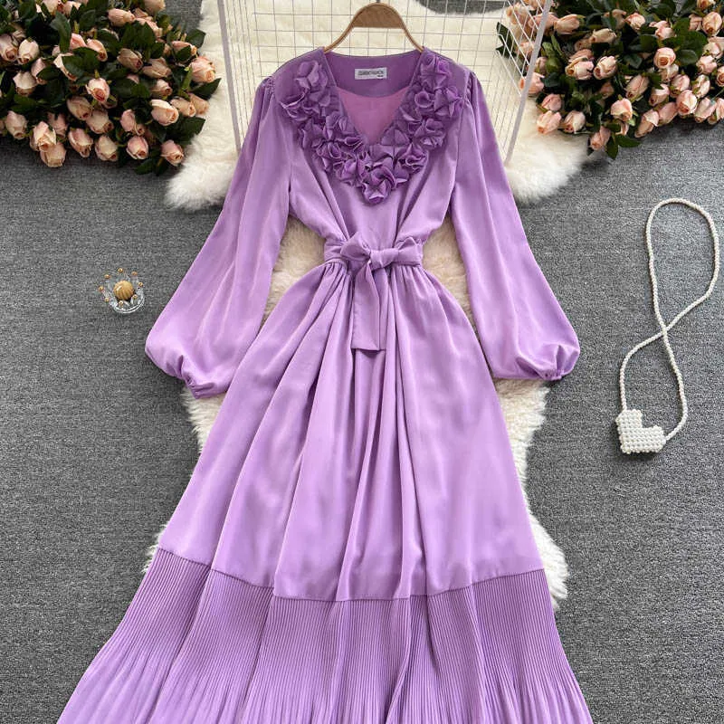 Vintage Mor / Pembe / Sarı Uzun Elbise Kadınlar Zarif 3D Çiçek Puf Kollu Draped Vestidos Kadın Pileli Robe Bahar Sonbahar 2021 Y0603