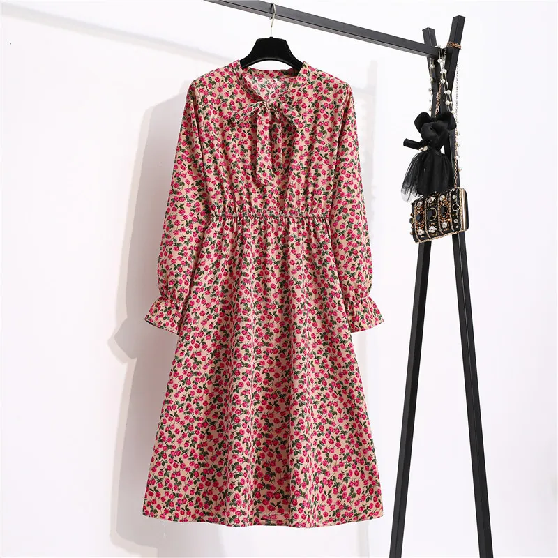 Korean Chiffon Spring Summer Dres Vintage Floral Printed V-Neck Elastic Taille Fashion Beach Midi Sundress Vestidos 220215