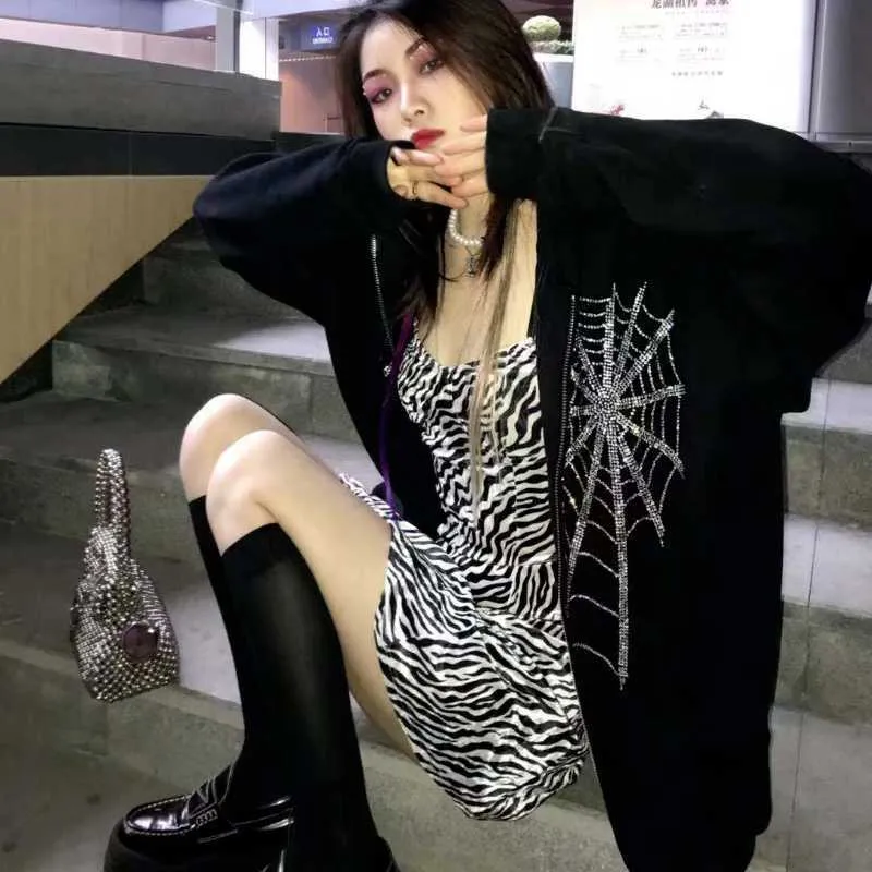 Gothic spider web rits hoodie paar trend harajuku punk oversized kleding sweatshirt vrouwen en mannen 210721