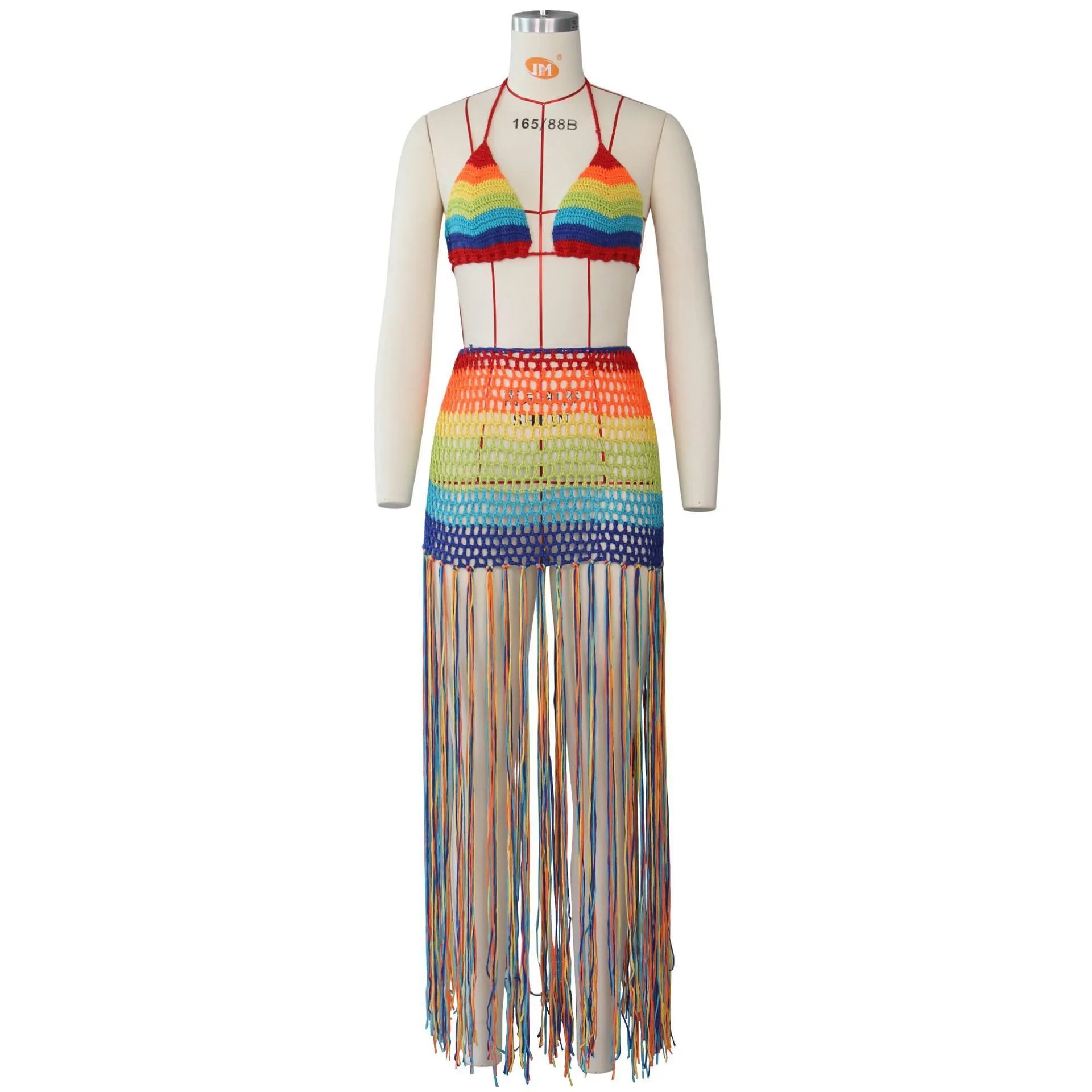Handgjorda Crochet Beach Dress Cover Up Rainbow Tassel Sexig Set Crop Top och Kjol Party Club Outfits för Women 210420