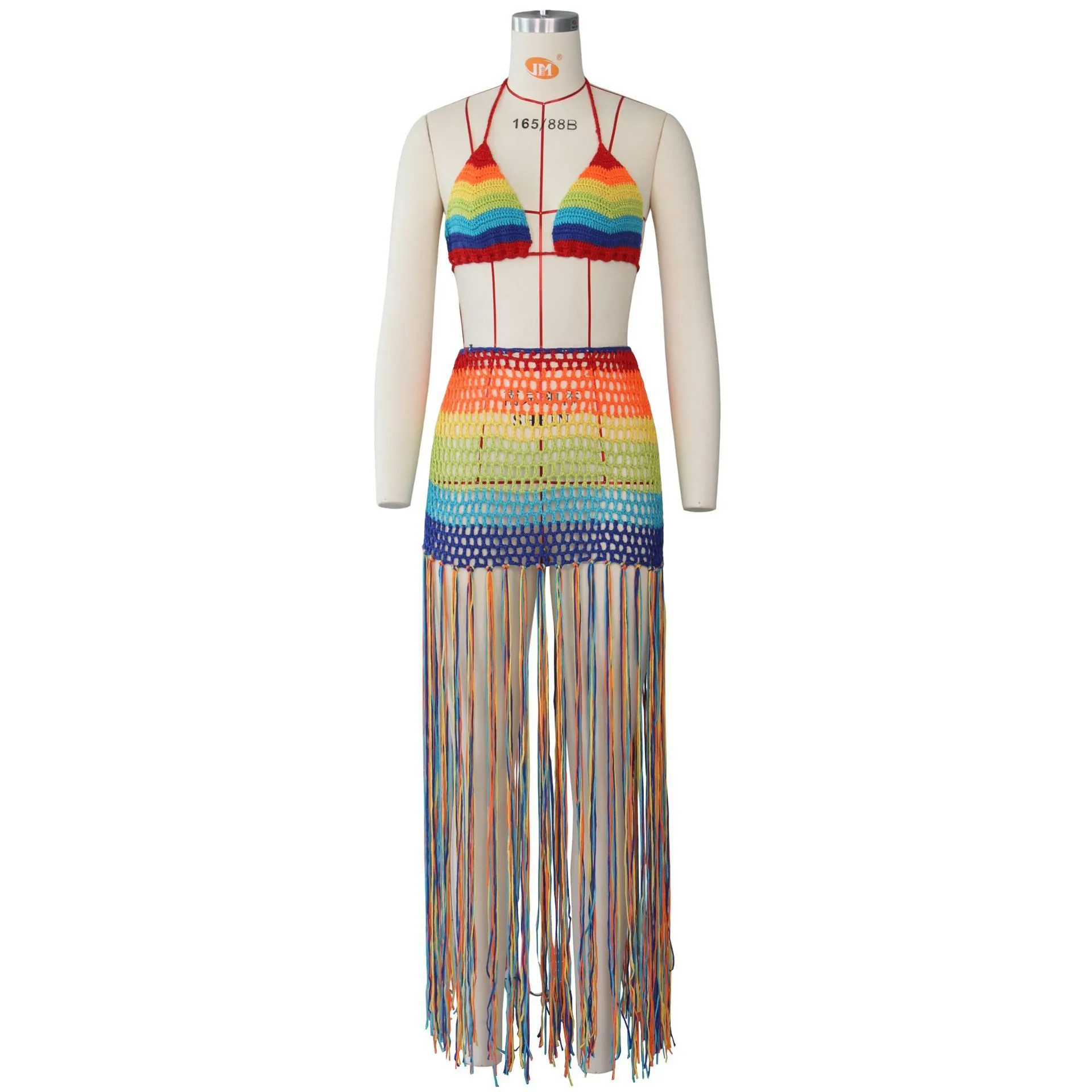 Handmade Crochet Beach Dress Cover Up Rainbow Tassel Sexy Set Crop Top and Skirt Party Club Outfits for Women 210420