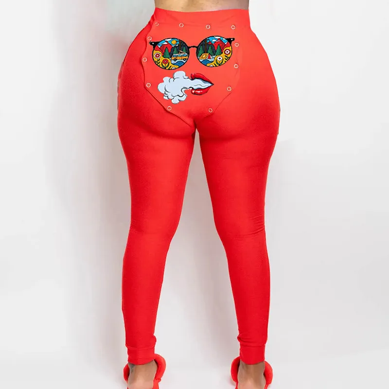 High Waist Funny Printing Bodycon Fitness Sports Trousers Hip Lift Leggings Women Leisure Fashion Long Pants Black&Red Plus Size 210517