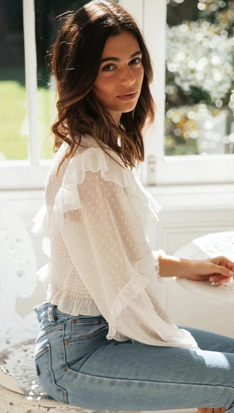 Foridol polka dot white lace blouse shirts women autumn winter sheer tulle sleeve blouse shirt ruffle female top 210415