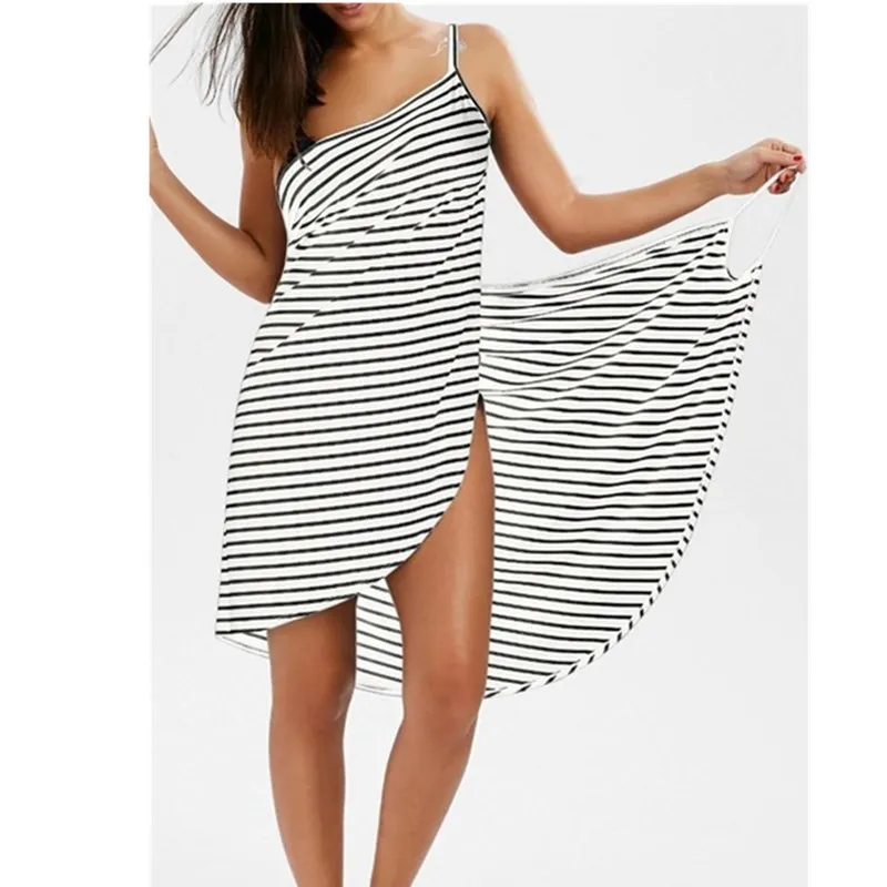 Oufisun Sexy Spaghetti Strap Backless Beach Dress Verão Listrado Impressão Solta Casual Midi Womens Plus Size ES 210517