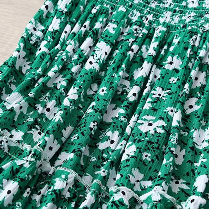甘い女性正方形の襟の花のドレス夏のファッションレディースハイウエストの新鮮な女性の休日の印刷210515