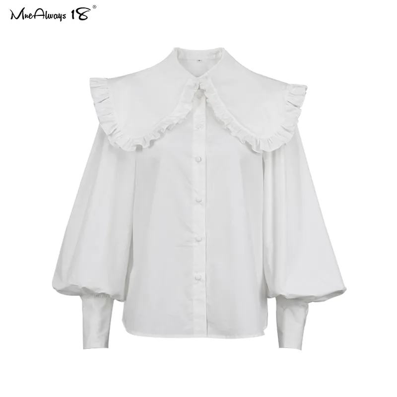 Mnealways18 Женская блузка с воротником «Большой Питер Пэн» и рюшами, белые хлопковые повседневные топы с длинными рукавами, женская рубашка с оборками на весну и лето 220210
