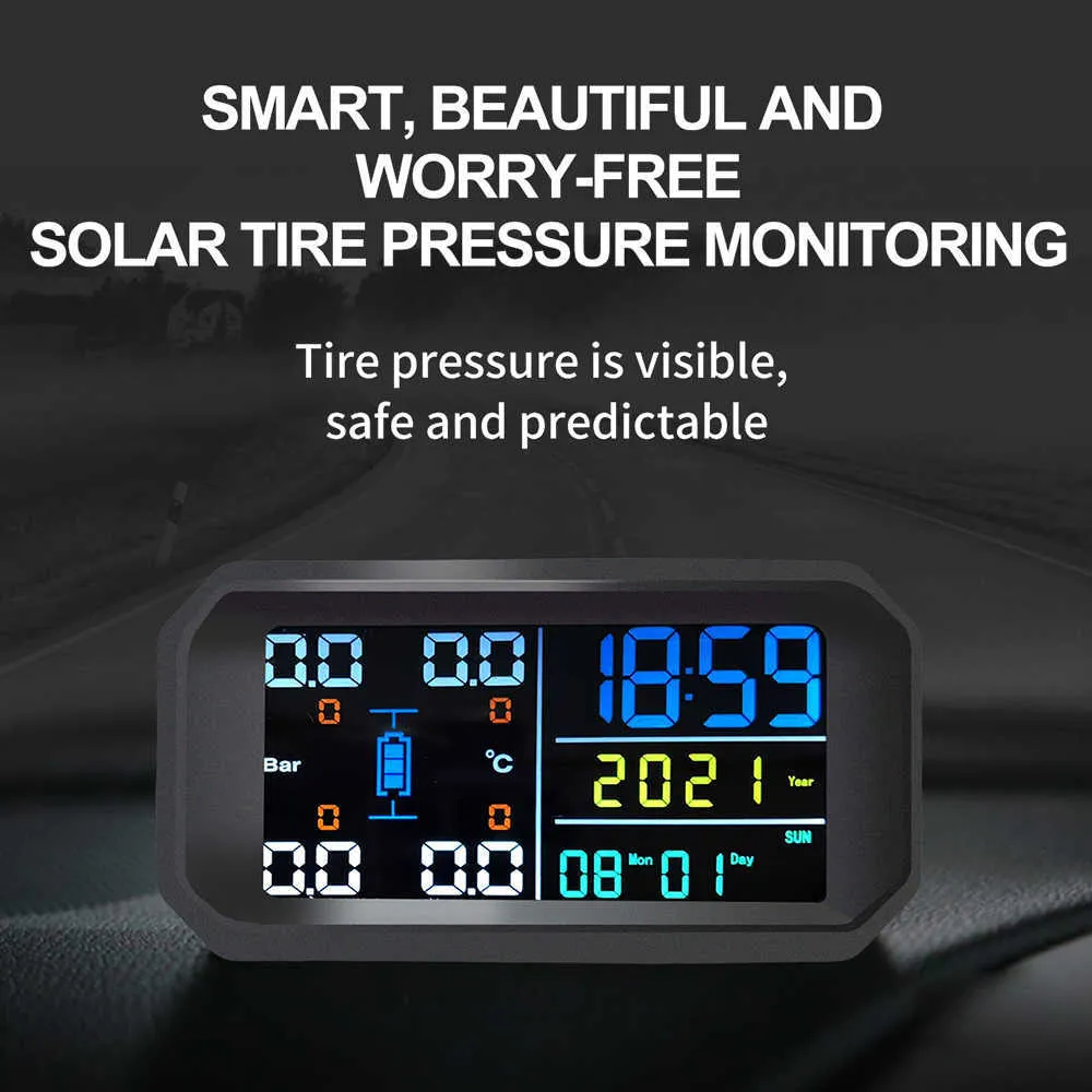 タイヤ空気圧監視システム - 太陽電荷オートバックライトスマートLCDディスプレイオートスリープモードデジタルLCDディスプレイクロックカー