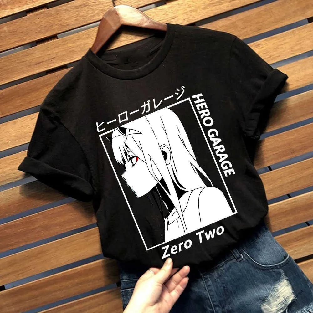 Sevgilim franxx Anime Harajuku Sıfır İki Güzel Kız Baskı T Gömlek Erkekler Gevşek Yaz Kısa Kollu Chic Erkek T-shirt Tops X0621