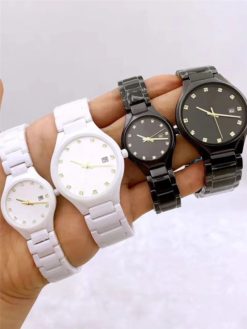Moda Pary Zegarek Geometryczny Kryształ Diament Cyrkon Zegarki Kwarcowe dla Mężczyzn Kobiet Czarny Biały Ceramiczny Pasek Zegar