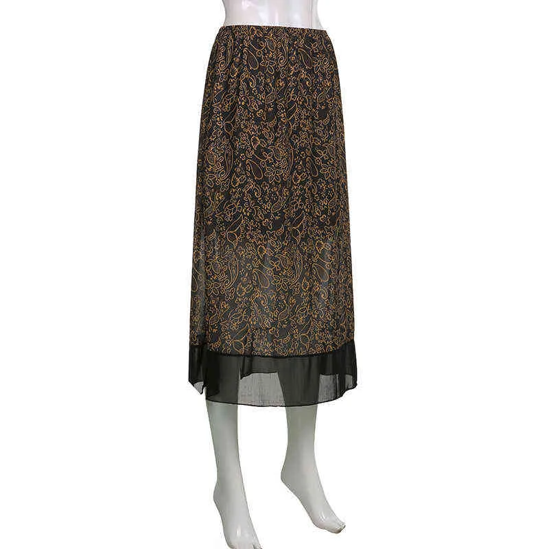ロックモアビンテージプリントメッシュローウエストスカート女性審美的な二重レイヤーMIDIスカート夏90年代の女の子グランジ妖精コア2021 G220309