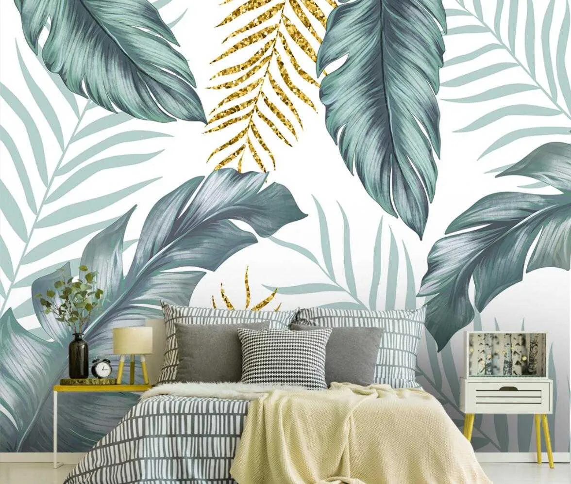 Beibehang foto behang moderne handgeschilderde tropische plant bladeren bloemen en vogels muurschilderingen woonkamer slaapkamer 3d wallpaper Q0723