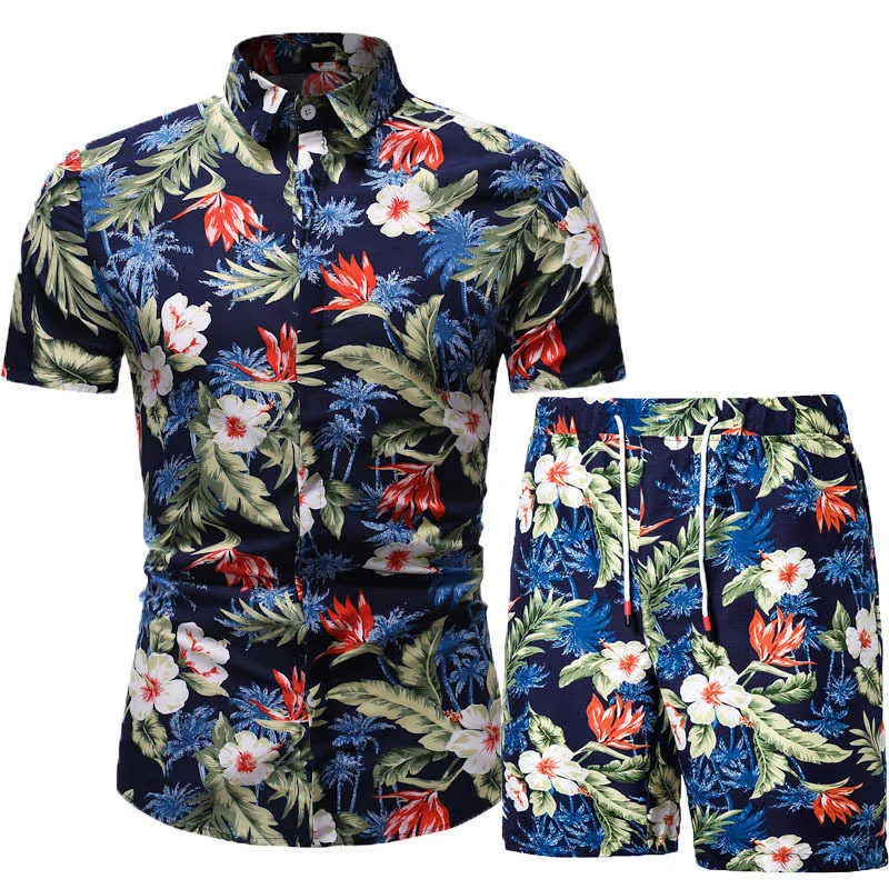 남성용 하와이 세트 2021 여름 남성 해변 착용 꽃 프린트 두 조각 세트 남자 캐주얼 셔츠와 휴일 옷을위한 반바지 x0610