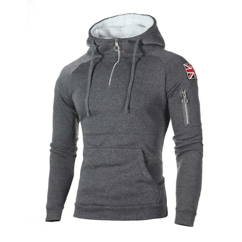 Autunno Cerniera Scollatura Felpa con cappuccio Felpe in pile a maniche lunghe Felpe con cappuccio da uomo Tasca adesiva Scaldino invernale Running Sportswear 3XL 210813