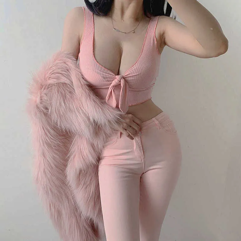 Låg Bröst V-hals Top Kvinnors Sexig Nattklubb Stil Ärmlös Off Shoulder Kort Tank Med Utskjutning Spetsar upp i rosa 210604