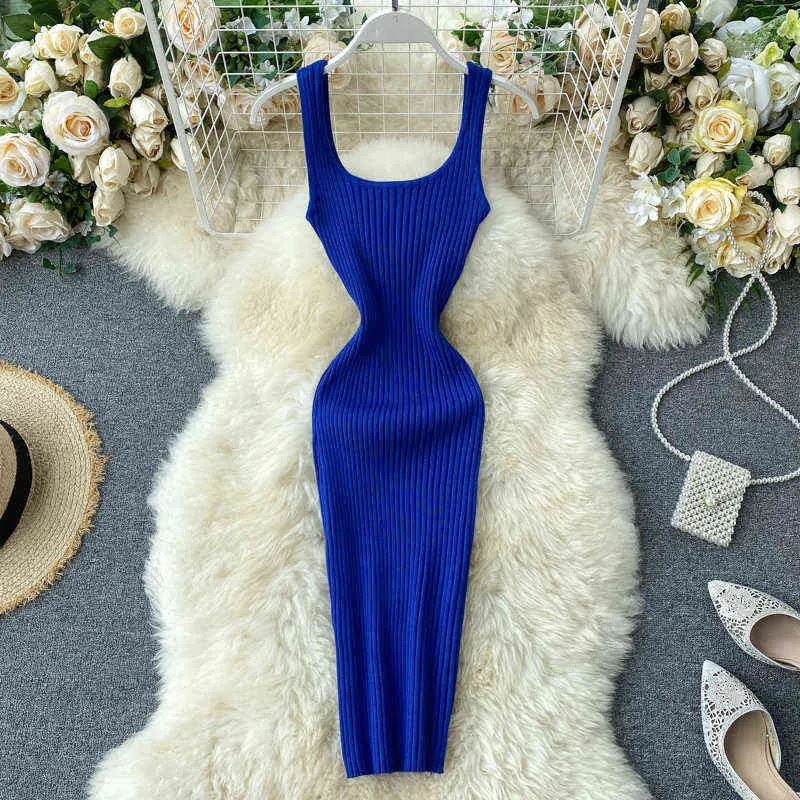 Mulheres lápis vestido de manga tanque quadrado colarinho bodycon sexy vestidos kpop vintage ol elástico de malha feminina vestidos de verão 2020 g1214