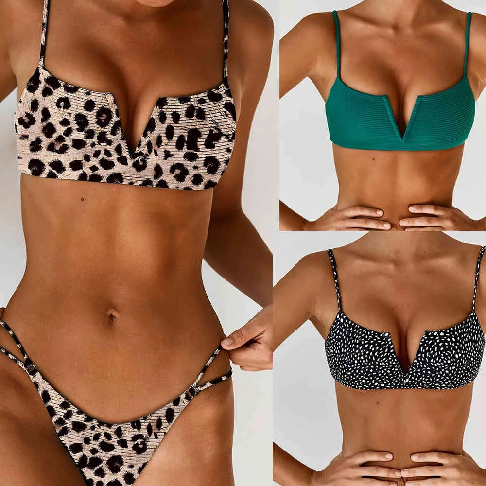 Omkagi Leopard Swimwear Женщины Сексуальные V Neck Bikini Bikini Swimuit Swimsuit Thp Up Bikini Set Couse Cuse Beachveare Bikinis Mujer 210319