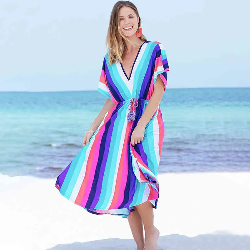 Kaftan Beach Long Poliéster Túnica Bohemian Solta Vestido de Verão Robe Plus Size Mulheres Wear Swim Suit Cover Up Q1232 210420