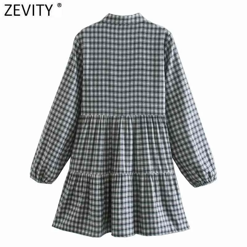 Frauen Vintage Plaid Print Falten Hemd Kleid Femme Langarm Casual Business Vestido Drehen Unten Kragen Kleidung DS4820 210416