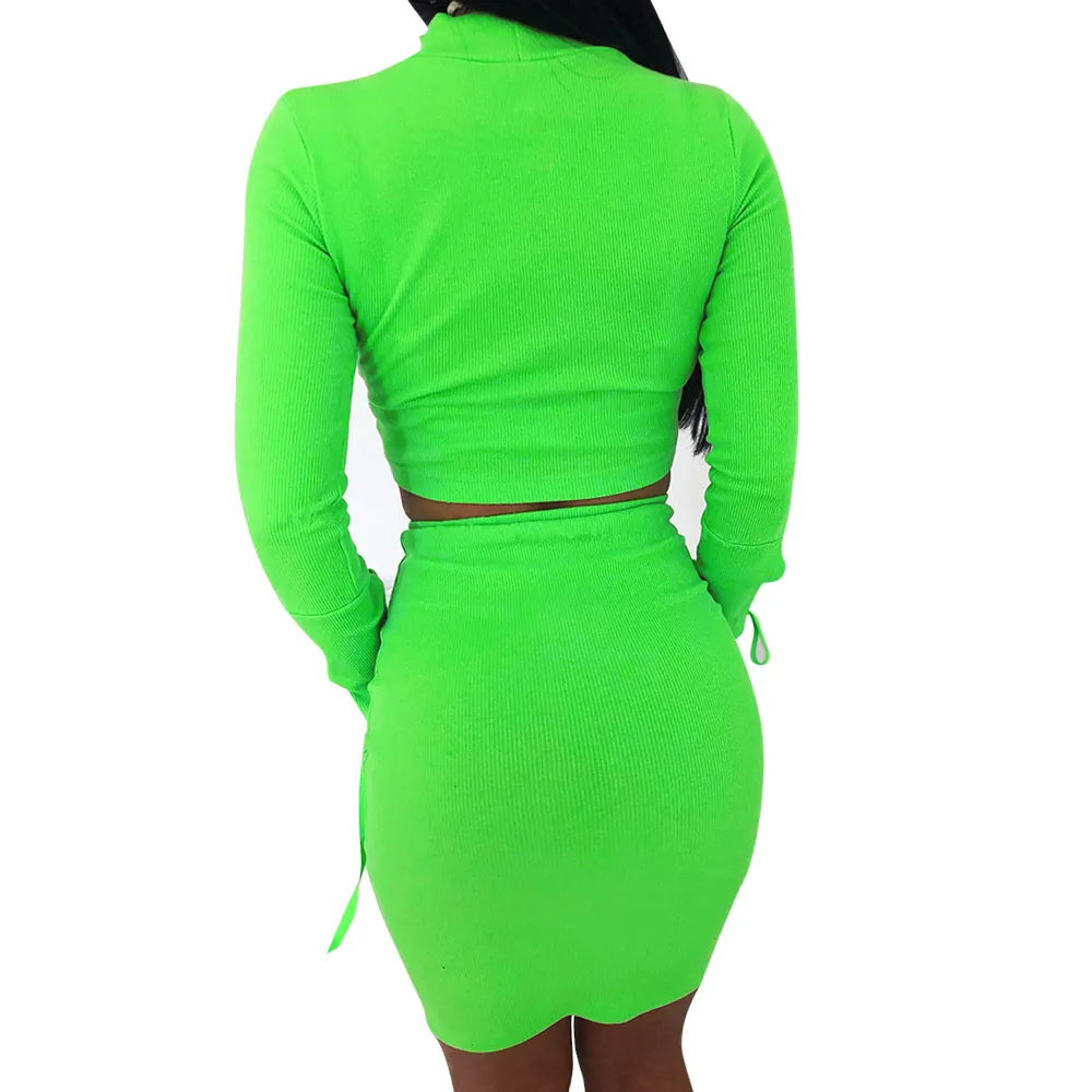 Omsj Сексуальные повседневные наряды Зеленый серый трексуит женщины повязка с длинным рукавом верхняя мини-юбка сплошной осенью двух частей набор винтаж 210517