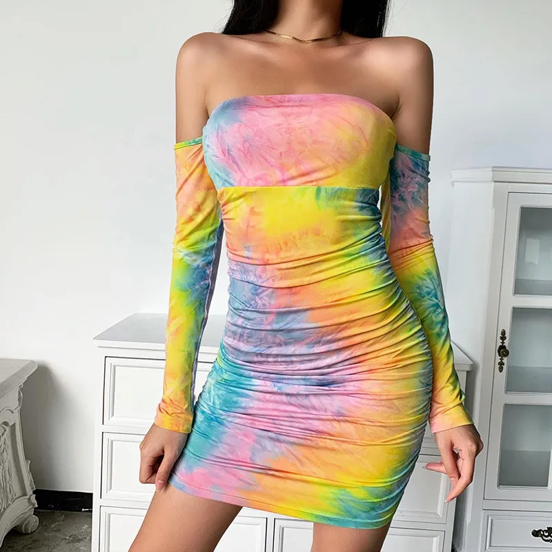 Lady Fashion Colorful Print Tube Top Bodycon Backless Dress Off-shoulder Long Sleeve Folds Sexy Party Mini Bandage Vestidos 210517