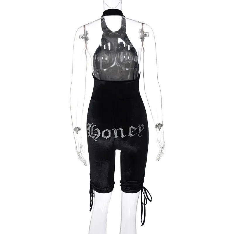 Ärmlös Bodycon Rompers Shorts Velvet Solid Svart Baklösa Lace-Up Waist Hollow Out Fashion Sexy Women's Jumpsuits 210517