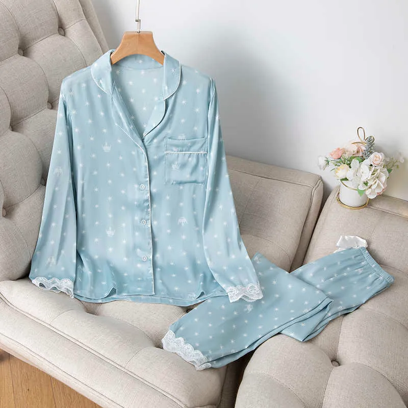 Home Clothe's Letnie Dwuczęściowy Kostium Piżamy Ice Silk Satin Cienkie Outwear Drukuj Koronki Piżamy Sleep Wear Salon Set 210809