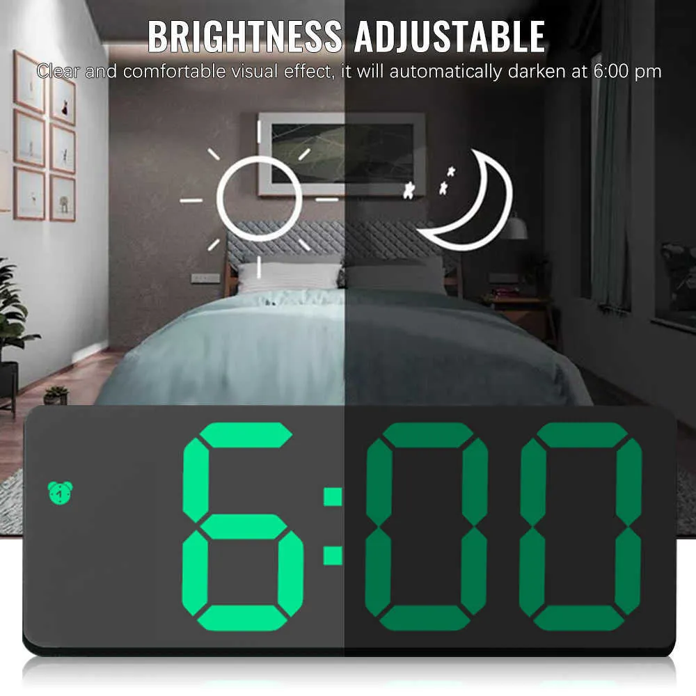 Réveil numérique miroir LED veilleuses Snooze affichage temps table lampe de bureau décor à la maison 210804