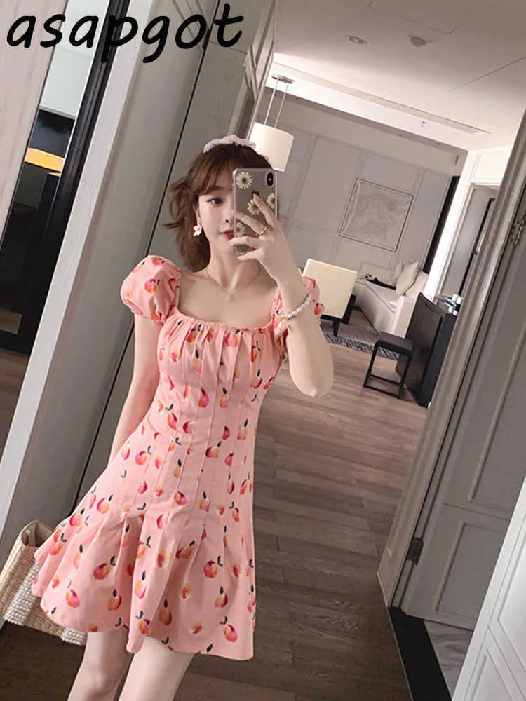 2 Style coréen Chic Sweet Girls Plus Taille Carré Col Floral Robe Femmes Pêche Rose Été Tempérament Taille Slim Mini Robes 210610