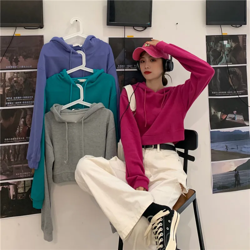 Lente Herfst Dames Tops Koreaanse Stijl De Solid Color Lange Mouwen Hooded Pullover Shirt Losse Korte Sweatshirts LL804 210506