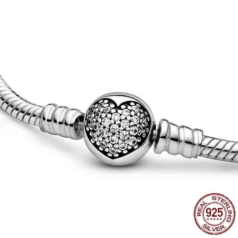 925 Sterling Silver Sparkling Heart Fermoir Serpent Chaîne Bracelet Femmes Original DIY Charme Perles Bijoux