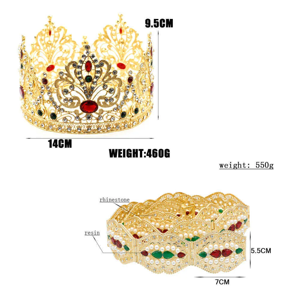 Sunspicemsゴージャスなゴールドカラーモロッコの結婚式のジュエリーセットビッグクラウンティアラズウエストベルトビーズイヤリングネックレスブライダルギフト2021 H1022