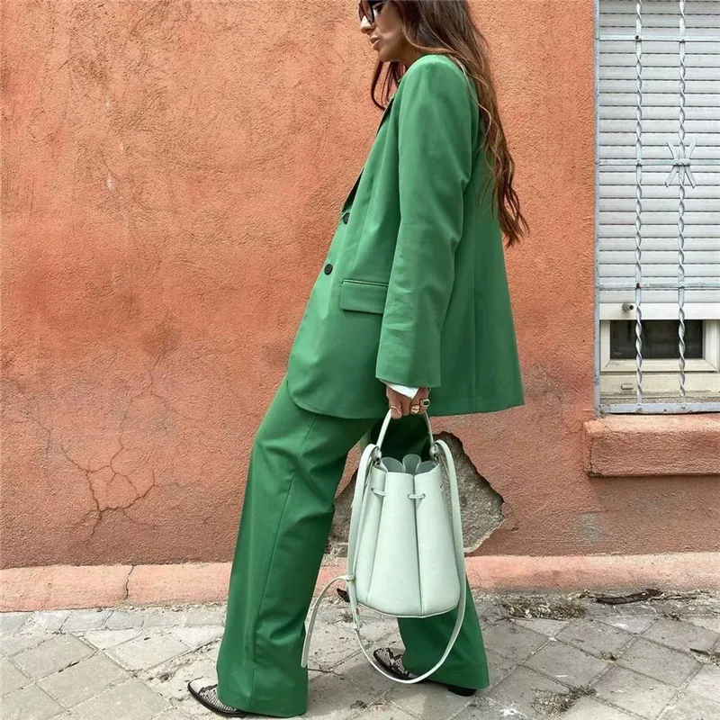 Vrouw vintage groene losse blazer pakken lente elegante vrouwelijke streetwear solide matching sets dames hoge wassited broek pak 220315