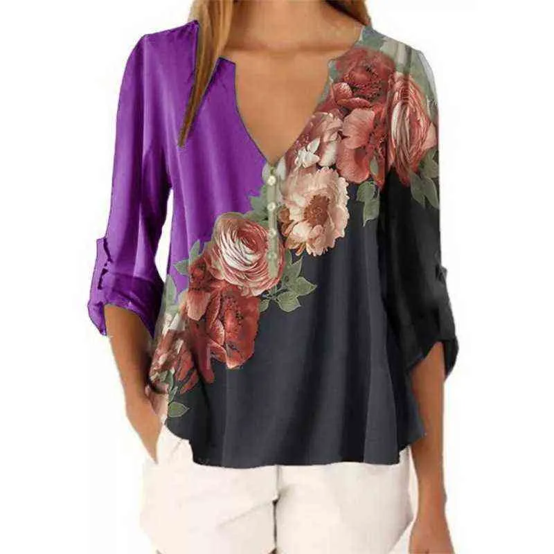 Vintage Floral Gedrukt Chiffon Vrouwen Blouse Shirt 2020 Herfst Casual V-hals Lange Mouw Tops Dames Losse Grote Maat 5XL Blouses H1230