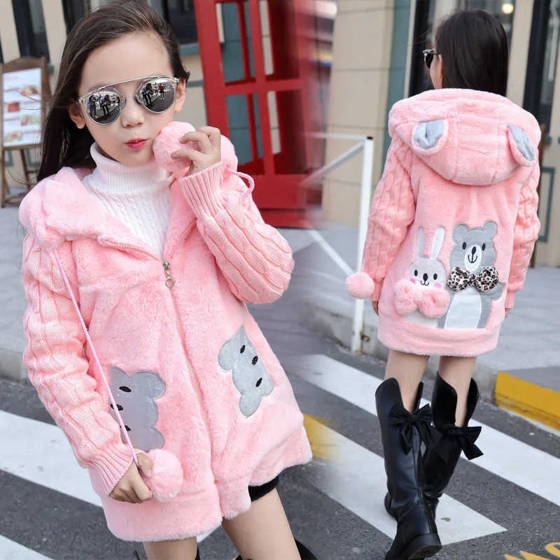 Grosso Mantenha o casaco de inverno quente para meninas Big Size Bear Sweater Sweater Sleeve Miúdos Miúdos Outerwear Adolescente Long Windbreaker Casaco 211011