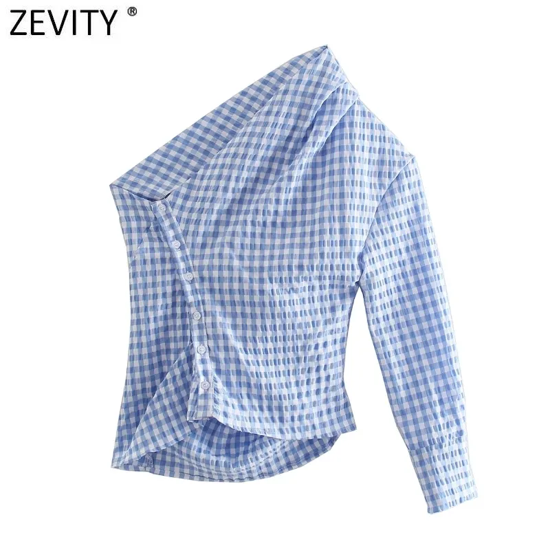 Women Fashion Asymmetrical Pleated Shirt Lady Plaid Print Irregular Hem Slim Blouse Roupas Femininas Chic Blusas Tops LS9200 210420