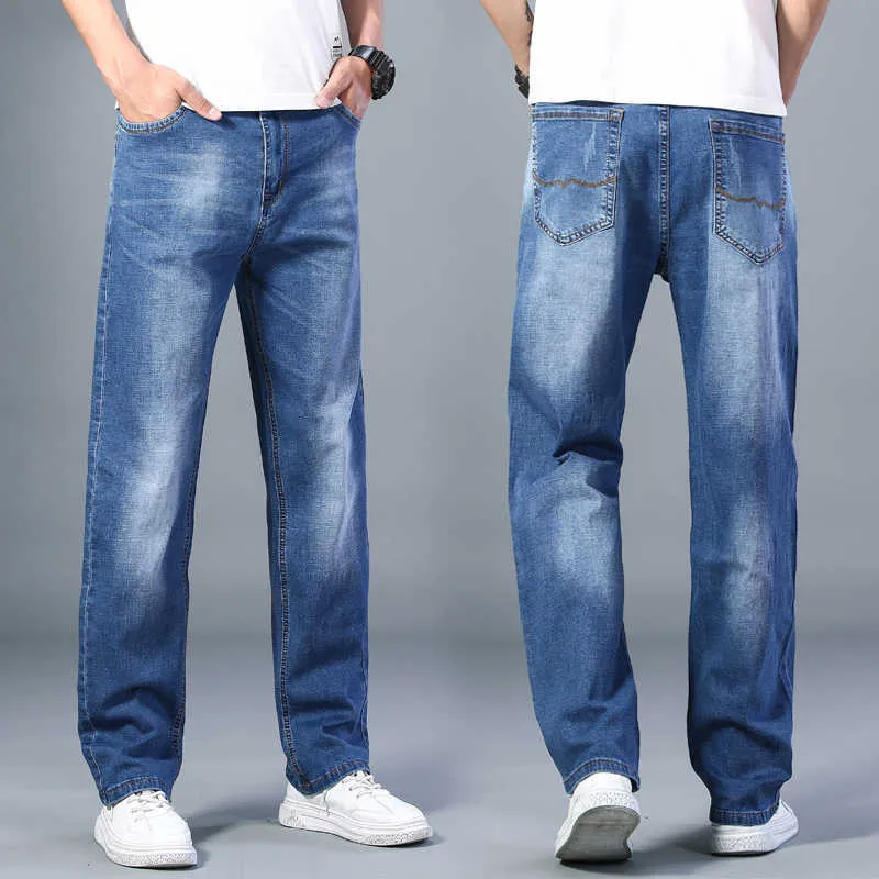 Available Men's Thin Straight-leg Loose Jeans 2021 Summer New Classic Style Advanced Stretch Loose Pants Male Brand X0621